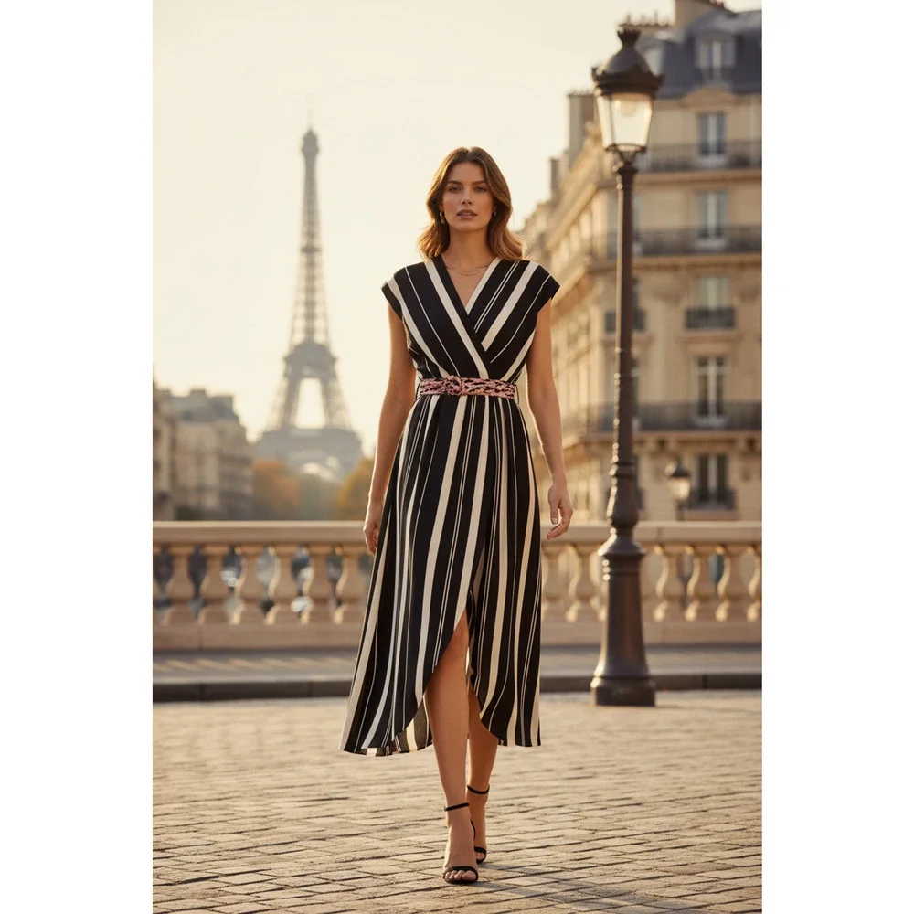 LOUIS VUITTON Size 4 Black & White Stripe Silk Sleeveless Wrap Dress